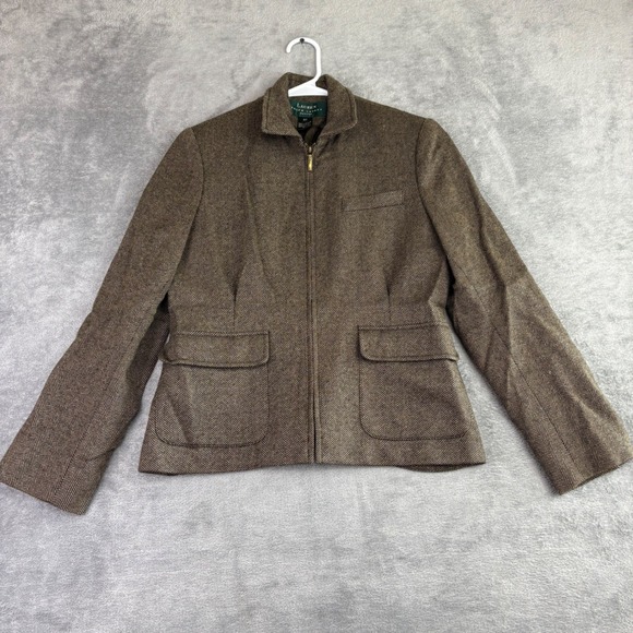 Lauren Ralph Lauren Petite 6P Brown Herringbone 100% Wool Blazer **Flaw VTG - Picture 1 of 14